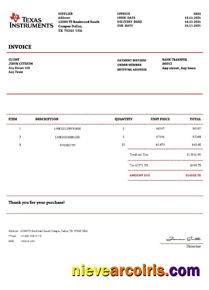 USA Texas Instruments invoice
